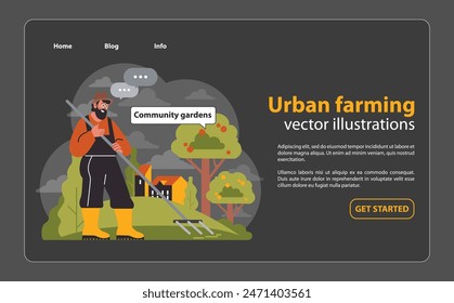 Engaged gardener promotes community gardens. Standing amidst green trees near city buildings, he encourages urban green spaces. Collective farming initiative. Flat vector illustration