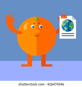 Ã�?range engaged in a global search. Flat style vector illustration. Funny cartoon character for agriculture or food design, tropical citrus fruit
