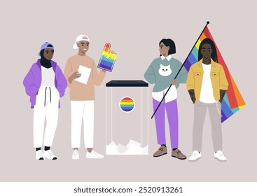 Miembros comprometidos de la comunidad LGBTQ participan con orgullo en una actividad inclusiva en las urnas, simbolizando sus voces en un ambiente vibrante y de apoyo