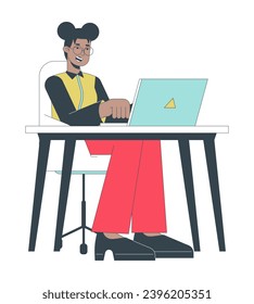 Personaje de caricatura lineal 2D para trabajadoras de oficina involucradas. Mujer africana feliz escribiendo portátil de fondo blanco para personas con vector de línea aislado. Ilustración de manchas planas de color de sesión de área de trabajo