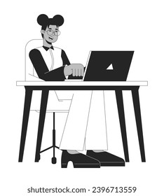 Engaged office worker female black and white 2D line cartoon character. African american woman typing laptop isolated vector outline person. Workspace sitting monochromatic flat spot illustration