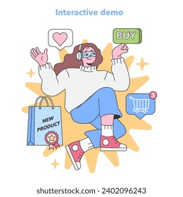 Engaged shopper enjoys interactive product demo, clicking 'buy' on a virtual cart, showcasing customer engagement. Flat vector illustration.