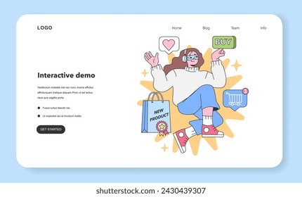 Comprador comprometido disfruta de la demostración interactiva del producto, haciendo clic en 'comprar' en un carrito virtual, mostrando el compromiso del cliente. Ilustración vectorial plana.