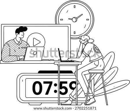 Engaged student learning online via video conference with instructor, surrounded by time management tools like clocks and digital displays, perfect for educational technology and remote study concepts
