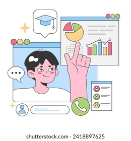 Engaged student participates in an interactive online class, pointing to growth statistics and pie chart with signs of successful learning and networking. Flat vector illustration