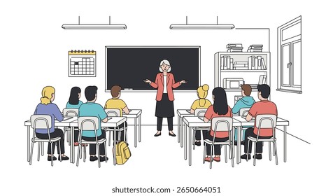 Engaged students actively participate in a lively classroom discussion guided by their enthusiastic teacher fostering a positive learning environment