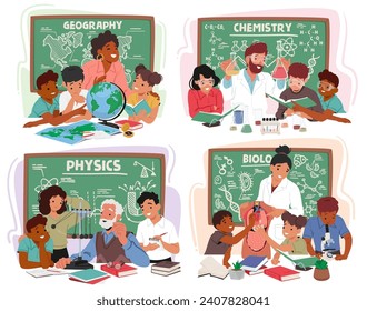 Engaged Teachers of Geography, Chemistry, Physics and Biology Impart Knowledge To Attentive Kids In A Classroom, Creating A Dynamic And Inspiring Educational Environment For Young Minds, Vector