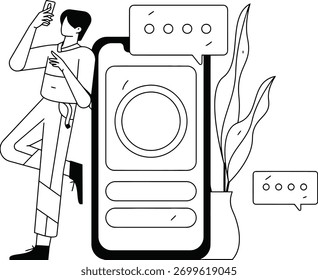 Un joven comprometido absorto en su teléfono inteligente, rodeado de burbujas de comunicación digital y decoración moderna de plantas, ilustrando perfectamente la conectividad y el estilo de vida.