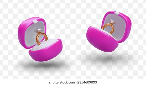 Anillo 3D de compromiso con piedra preciosa en caja rosa. Lujosas joyas de dedos. Accesorio de boda. Anillo dorado de diamantes. Imagen aislada al estilo de las caricaturas. Iconos del vector