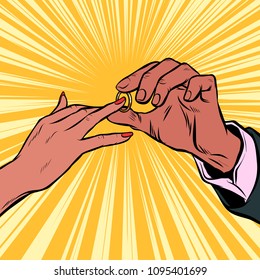 Engagement, bride and groom wedding ring. African people. Pop art retro vector illustration kitsch vintage