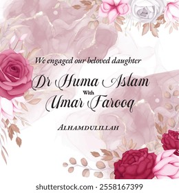Engagement Card. Announcement card. Wedding invitation template, colorful flowers on white background. Printable Wedding Invitation Template, thank you, save the date, RSVP card. Marriage event.
