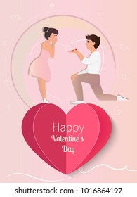 Engagement cartoon scene. Surprise proposal character. Smart man giving a ring for his girlfriend. Character design. - stock vector