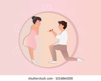 Engagement cartoon scene. Surprise proposal character. Smart man giving a ring for his girlfriend. Character design. - stock vector