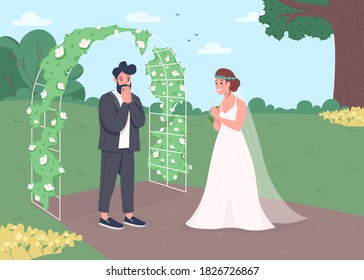 Engagement ceremony flat color vector illustration. Wedding reception. Flower arch for matrimony ceremony. Surprised groom and happy bride 2D cartoon characters with landscape on background
