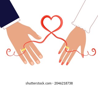 Engagement ceremony, woman and man hands with rings and red ribbon, vector conceptual image, eps10