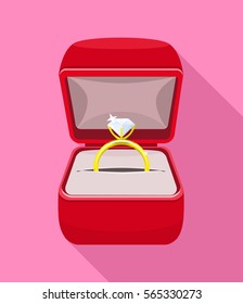 Engagement Diamond Golden Ring in Red Ring Box on deep pink background