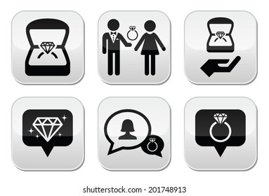 Engagement, diamond ring in box vector buttons set 