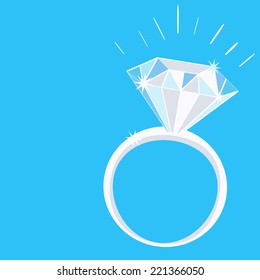 Engagement Diamond Ring With Sparkles On Blue Background. Vector Illustration