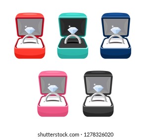 Engagement Diamond White Gold/Silver Rings in Red, Pink, Green, Blue and black Ring Boxes Set