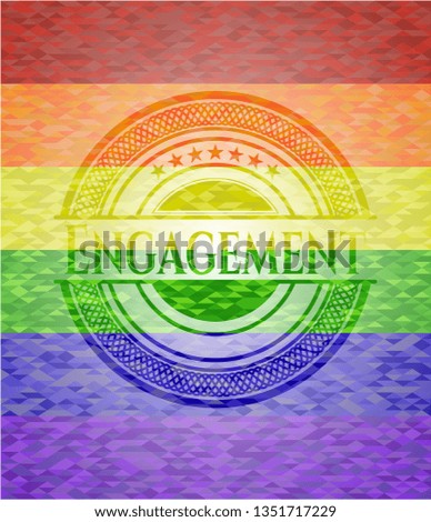 Engagement emblem on mosaic background with the colors of the LGBT flag