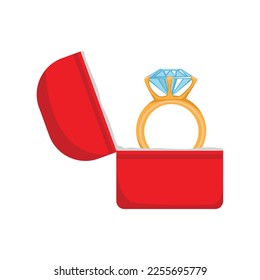 Anillo de oro de compromiso con un diamante grande en una caja roja. Estilo sencillo. Ilustración vectorial aislada en fondo blanco.
