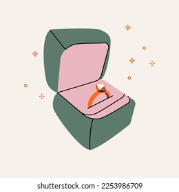 Engagement golden ring with diamond. Cartoon proposal wedding jewelry valentines day marriage concept. Vector design