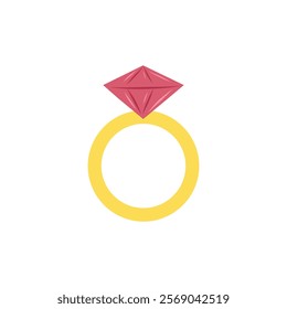 Engagement golden ring with red ruby stone isolated on white background. Hand drawn vector illustration in flat style. Wedding ring in trendy style, happy Valentine's day, date, relations