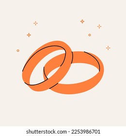 Engagement golden rings. Cartoon proposal wedding precious jewelry valentines day marriage concept. Vector illustration