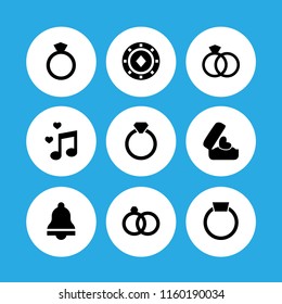 engagement icon. 9 engagement set with ring with precious stone, ring, wedding rings couple and diamond ring shape vector icons for web and mobile app