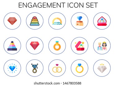 engagement icon set. 15 flat engagement icons.  Collection Of - diamond, rings, ring, diamond ring, wedding ring, engagement bride and groom, wedding