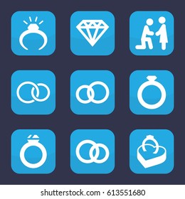 Engagement icon. set of 9 filled engagement icons such as ring, Diamond, rings, ring in box