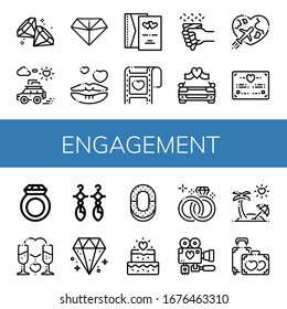 engagement icon set. Collection of Diamond, Honeymoon, Romantic, Wedding invitation, Wedding, Wedding car, certificate, Ring, Earrings, ring, day icons