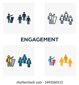 Engagement icon set. Four elements in diferent styles from content icons collection. Creative engagement icons filled, outline, colored and flat symbols.