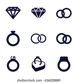 Engagement icons set. set of 9 engagement filled icons such as diamond, rings, ring in box, gem