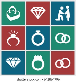 Engagement icons set. set of 9 engagement filled icons such as ring, diamond, ring in box, gem
