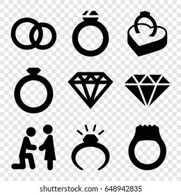 Engagement icons set. set of 9 engagement filled icons such as ring, diamond, ring in box, engagement rings, gem