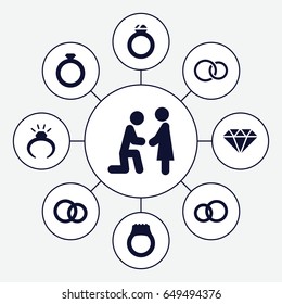 Engagement icons set. set of 9 engagement filled icons such as ring, rings, gem