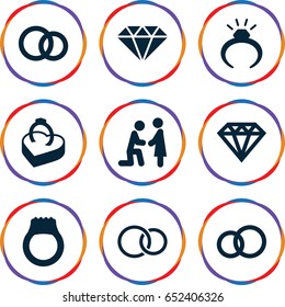 Engagement icons set. set of 9 engagement filled icons such as ring, diamond, rings, ring in box, gem