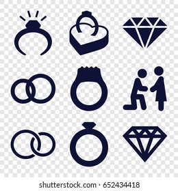 Engagement icons set. set of 9 engagement filled icons such as ring, diamond, rings, ring in box, gem, engagement ring