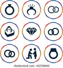 Engagement icons set. set of 9 engagement filled icons such as ring, rings, ring in box, gem