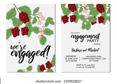 Engagement invitation set with red currant berry and leaf. Engaged card collection with fruit plant as decoration. Preparation for wedding party from couple. We're engaged quotes.