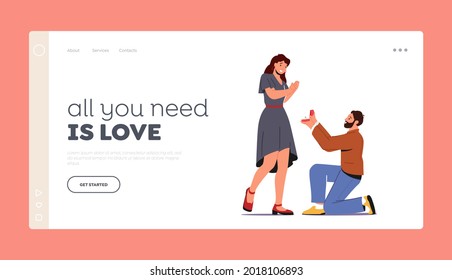 Engagement, Love, Loving Relations Landing Page Template. Young Man Standing on Knee with Ring in Hand Making Proposal to Woman Asking her Marry. Merry Me Concept. Cartoon Vector Illustration.