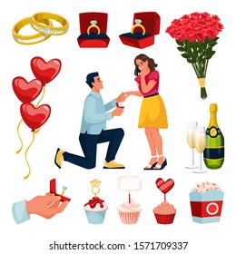 Engagement and marriage design elements set. Man makes proposal to young beautiful woman with diamond ring. Vector flat cartoon illustration. Valentines day party romantic decoration.