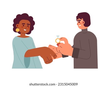 Engagement proposal flat concept vector spot illustration. Asian man proposing to black woman 2D cartoon characters on white for web UI design. Will you marry me isolated editable creative hero image