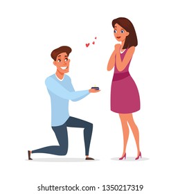 Engagement proposal flat vector illustration. Cartoon couple. Elegant man on knee giving ring. Impressed girl with blushed cheeks. Marriage offer. Romantic relationship moment banner design element