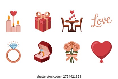 Engagement proposal icon set, diamond ring box, bouquet flowers, romantic dinner table, wrapped gifts, love typography, wedding party graphics