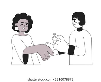 Engagement proposal monochrome concept vector spot illustration. Asian man proposing to black woman 2D flat bw cartoon characters for web UI design. Marry me isolated editable hand drawn hero image