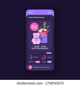 Engagement rate smartphone interface vector template. Mobile app page dark purple design layout. CRM service screen. Flat UI for application. Promo campaign. Online marketing. Phone display