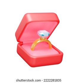 Icono 3d del anillo de compromiso. Anillo de piedras preciosas en la caja de regalo. Objeto aislado sobre fondo transparente