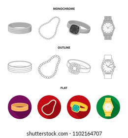 Engagement ring, beads from pearls, men ring, wristwatch gold. Jewelery and accessories set collection icons in flat,outline,monochrome style vector symbol stock illustration web.